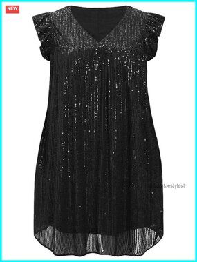Plus Size Sequin Mini Dress Ruffle Sleeve V Neck Party Club Dress